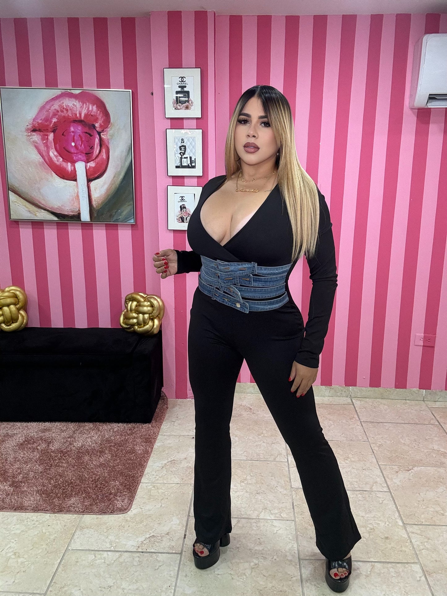 Belt jean jumpsuit