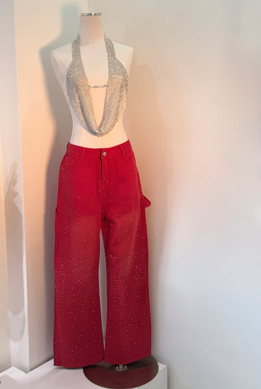 Full rhinestone pant red