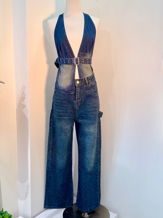 Full rhinestone pant blue